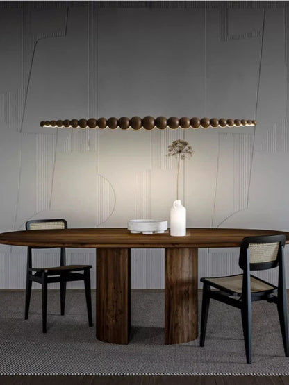 Wooden Beads Long Linear LED Pendant Lights Wabi Sabi wood walnut wood Hanging chandeliers
