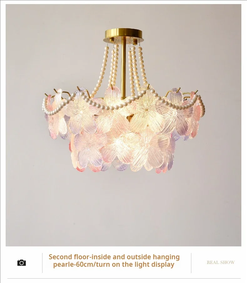 French Flower Crystal Chandelier Lamp Luxury Pink Glass Cream Petal Pendant Lights Living Room Bedroom Dining Room lighting