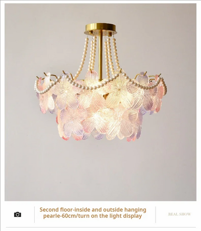 French Flower Crystal Chandelier Lamp Luxury Pink Glass Cream Petal Pendant Lights Living Room Bedroom Dining Room lighting