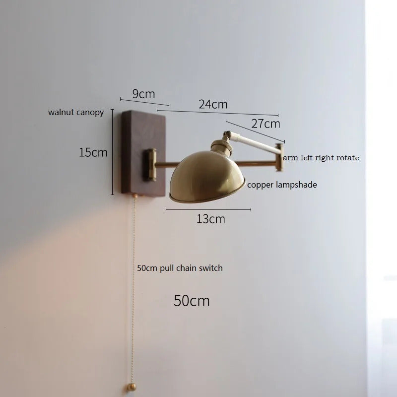 Retro Walnut Ash Wood LED Wall Lamp Copper Bedside Pull Chain Wall Light