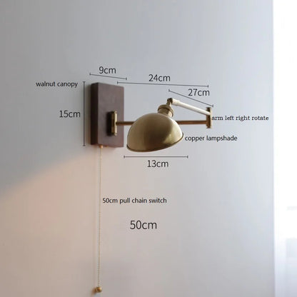 Retro Walnut Ash Wood LED Wall Lamp Copper Bedside Pull Chain Wall Light