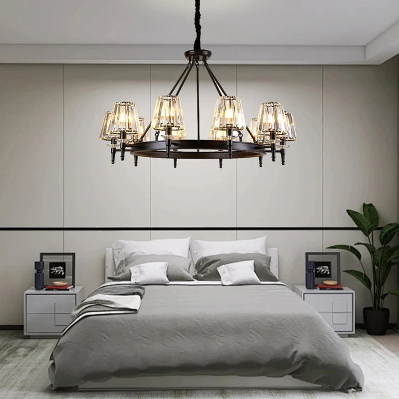Retro Matte Black Round Metal Led Chandelier Lustre K9 Crystal Shades Pendant Lights Lighting Hanging Lamps Room Decor Fixtures