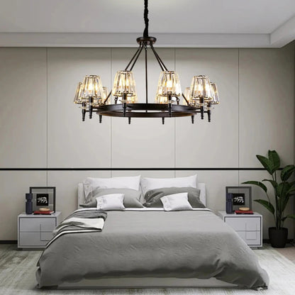 Retro Matte Black Round Metal Led Chandelier Lustre K9 Crystal Shades Pendant Lights Lighting Hanging Lamps Room Decor Fixtures