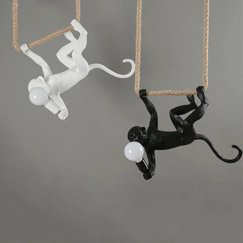 Art creative monkey Pendant lamp White black Resin animal hemp rope wall lamp