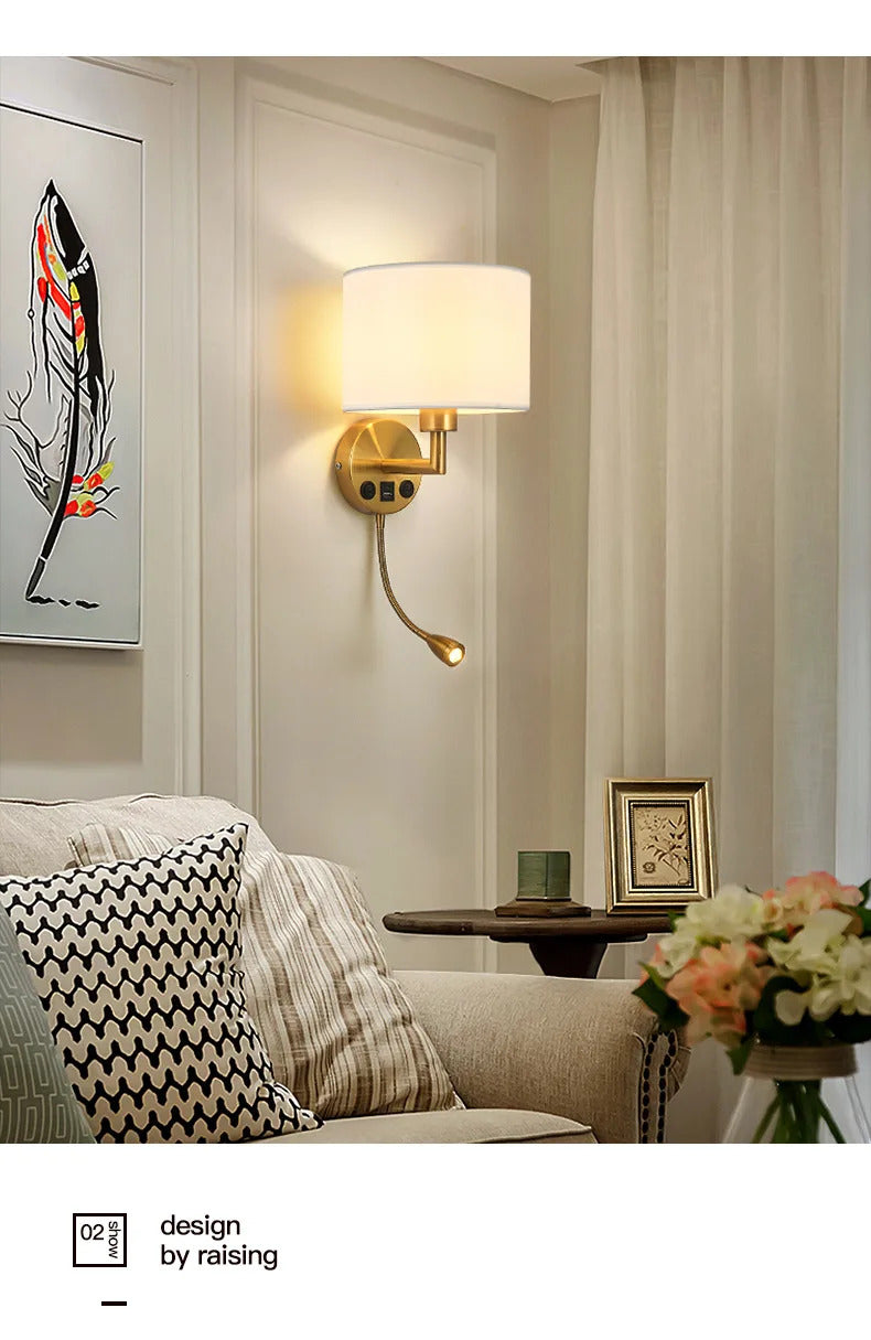 Bedside Wall Lamp LED Fabric Lampshade With 3W 360° Rotation Spotlight Reading lights