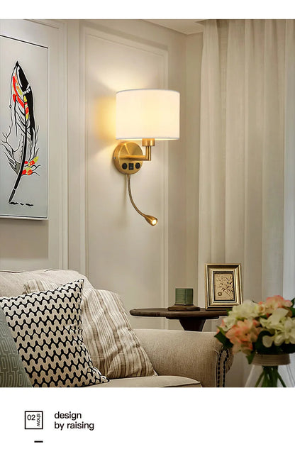 Bedside Wall Lamp LED Fabric Lampshade With 3W 360° Rotation Spotlight Reading lights