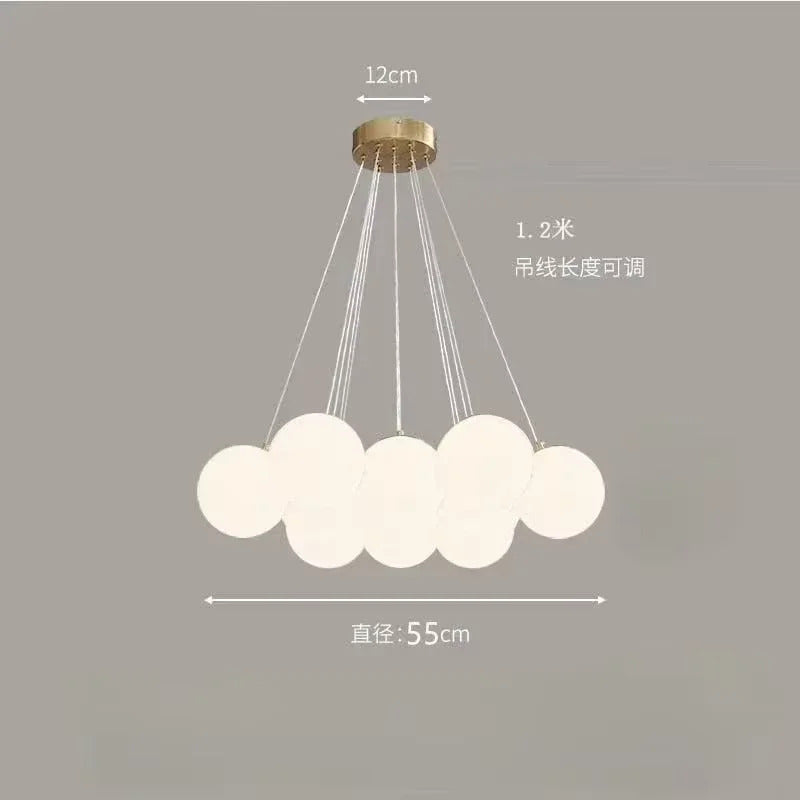 Lustre moderno em estilo creme com bolas de vidro branco, lustre criativo de bolhas LED para sala de estar e quarto, candeeiro nórdico com lua e planetas.
