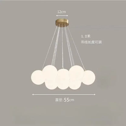 Lustre moderno em estilo creme com bolas de vidro branco, lustre criativo de bolhas LED para sala de estar e quarto, candeeiro nórdico com lua e planetas.