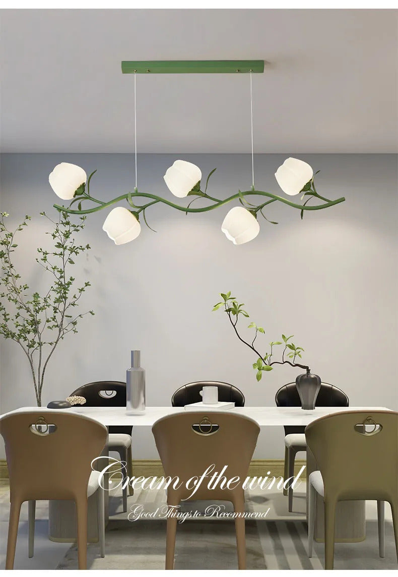 French Rural Flower Pendant Lamp Cream Style Green flower Chandelier