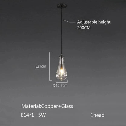 Luxury All Copper LED Pendant Light Modern Water drop Glass chandelier