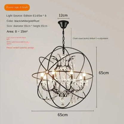 Retro Wrought Iron Chandelier Rustic Orb Vintage Crystal Bird Cage pendant lamps