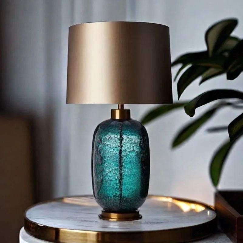 American Blue Glass Desk Lamp Fabric Lampshade Warm LED Light Bedroom Bedside Table Living Room Decor Accent