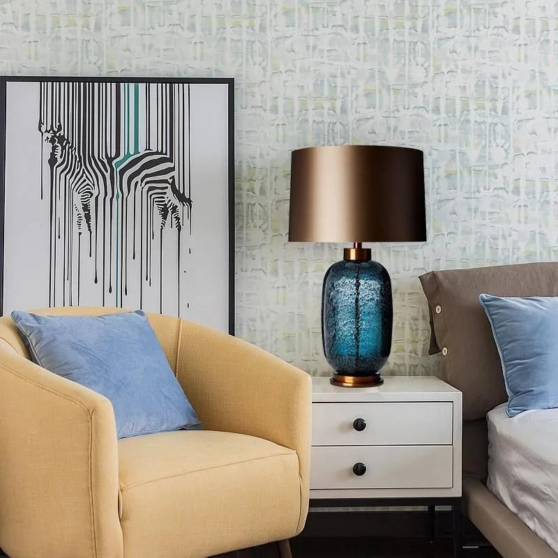 American Blue Glass Desk Lamp Fabric Lampshade Warm LED Light Bedroom Bedside Table Living Room Decor Accent