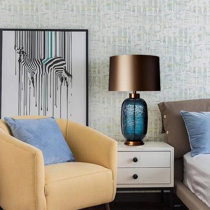 American Blue Glass Desk Lamp Fabric Lampshade Warm LED Light Bedroom Bedside Table Living Room Decor Accent