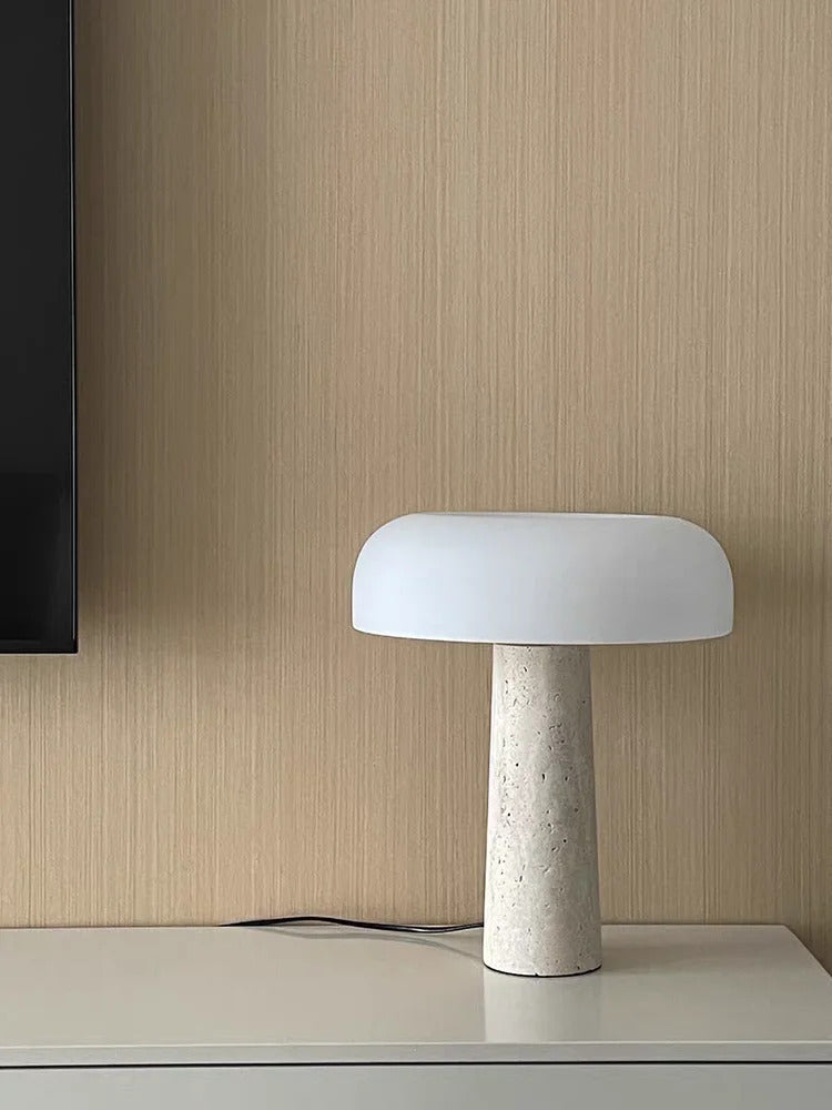 Modern Travertine Table Lamp Natural Stone LED Desk Lamp Indoor Decor Lighting Bedroom Living Room Study Matte Glass Lampshade
