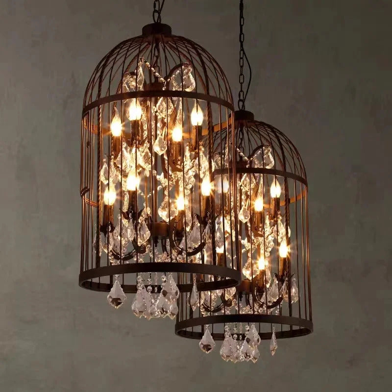 Retro Wrought Iron Chandelier Rustic Orb Vintage Crystal Bird Cage pendant lamps