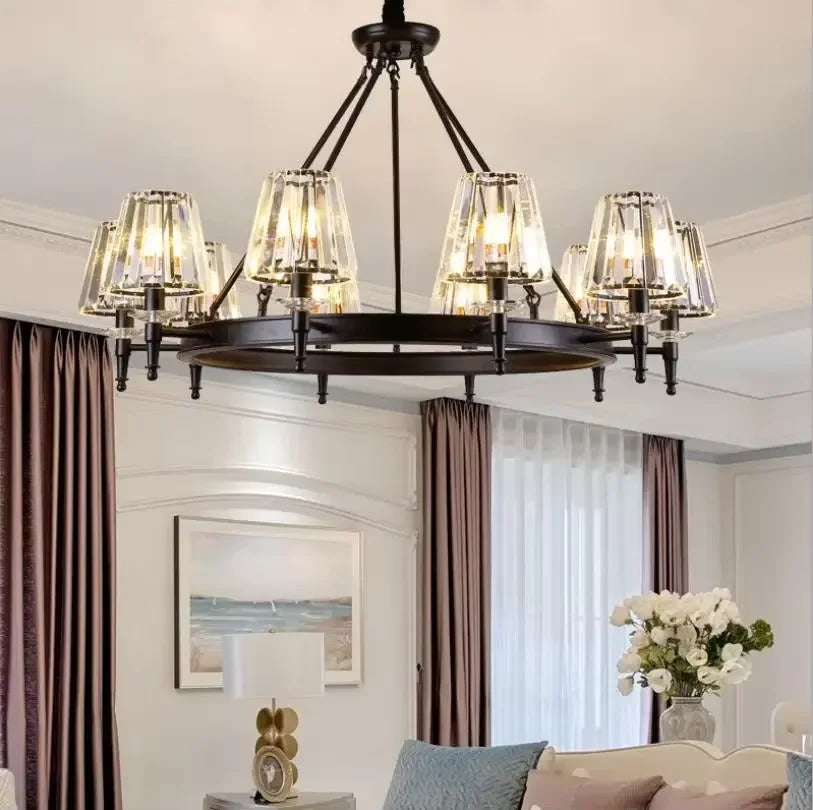 Retro Matte Black Round Metal Led Chandelier Lustre K9 Crystal Shades Pendant Lights Lighting Hanging Lamps Room Decor Fixtures