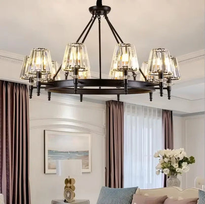 Retro Matte Black Round Metal Led Chandelier Lustre K9 Crystal Shades Pendant Lights Lighting Hanging Lamps Room Decor Fixtures
