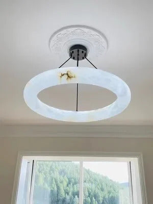 Hot selling high-end living room main light, round all copper leather pendant light, Spanish marble pendant light