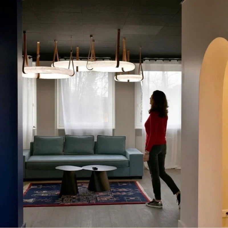 Hot selling high-end living room main light, round all copper leather pendant light, Spanish marble pendant light