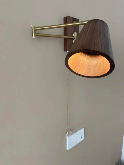 Retro Walnut Ash Wood LED Wall Lamp Copper Bedside Pull Chain Wall Light