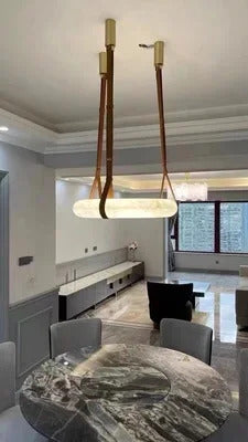 Hot selling high-end living room main light, round all copper leather pendant light, Spanish marble pendant light