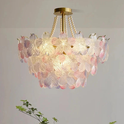 French Flower Crystal Chandelier Lamp Luxury Pink Glass Cream Petal Pendant Lights Living Room Bedroom Dining Room lighting