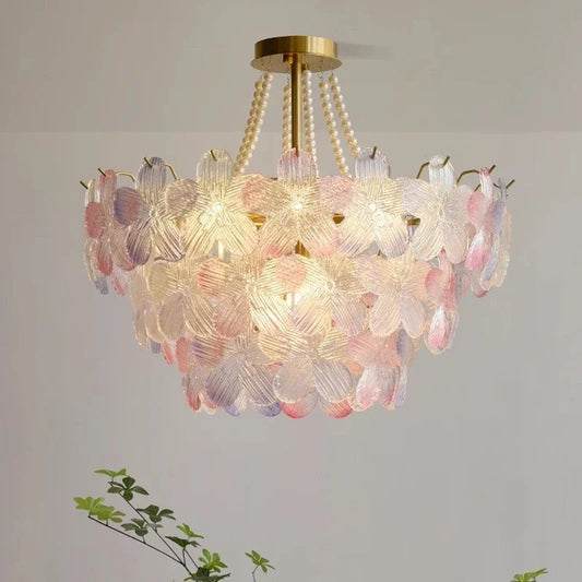 French Flower Crystal Chandelier Lamp Luxury Pink Glass Cream Petal Pendant Lights Living Room Bedroom Dining Room lighting