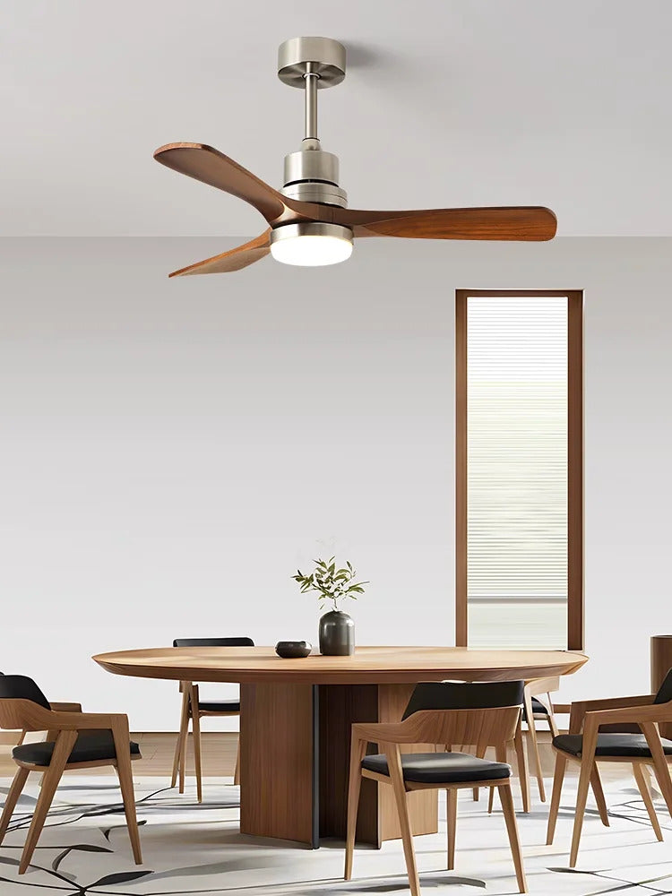 Nordic wooden Large Wind Ceiling Fan Light Retro Simple Solid walnut Electric Remote Fan lamp