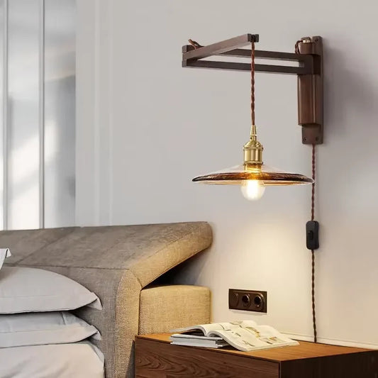 Retro folding walnut color wall lamp Vintage Glass swing bedroom bedside wall light&nbsp;