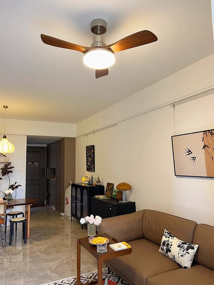 Nordic wooden Large Wind Ceiling Fan Light Retro Simple Solid walnut Electric Remote Fan lamp