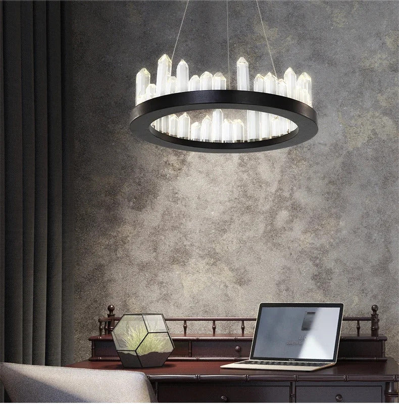 Modern Luxury Crystal Ring chandeliers Round black golden pendant lamp LED hanging light