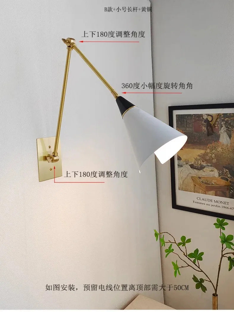 American Luxury Brass golden Wall Lamp Retro Swing Arm Adjustable Wall Light