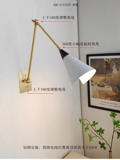 American Luxury Brass golden Wall Lamp Retro Swing Arm Adjustable Wall Light