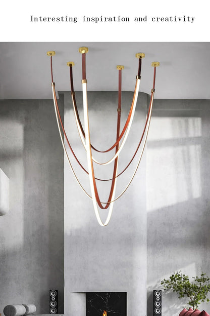 Nordic Leather Chandelier Designer Belt Pendant lamp for Living room Villa Hotel Duplex Building LED Staircase Hanging lamp