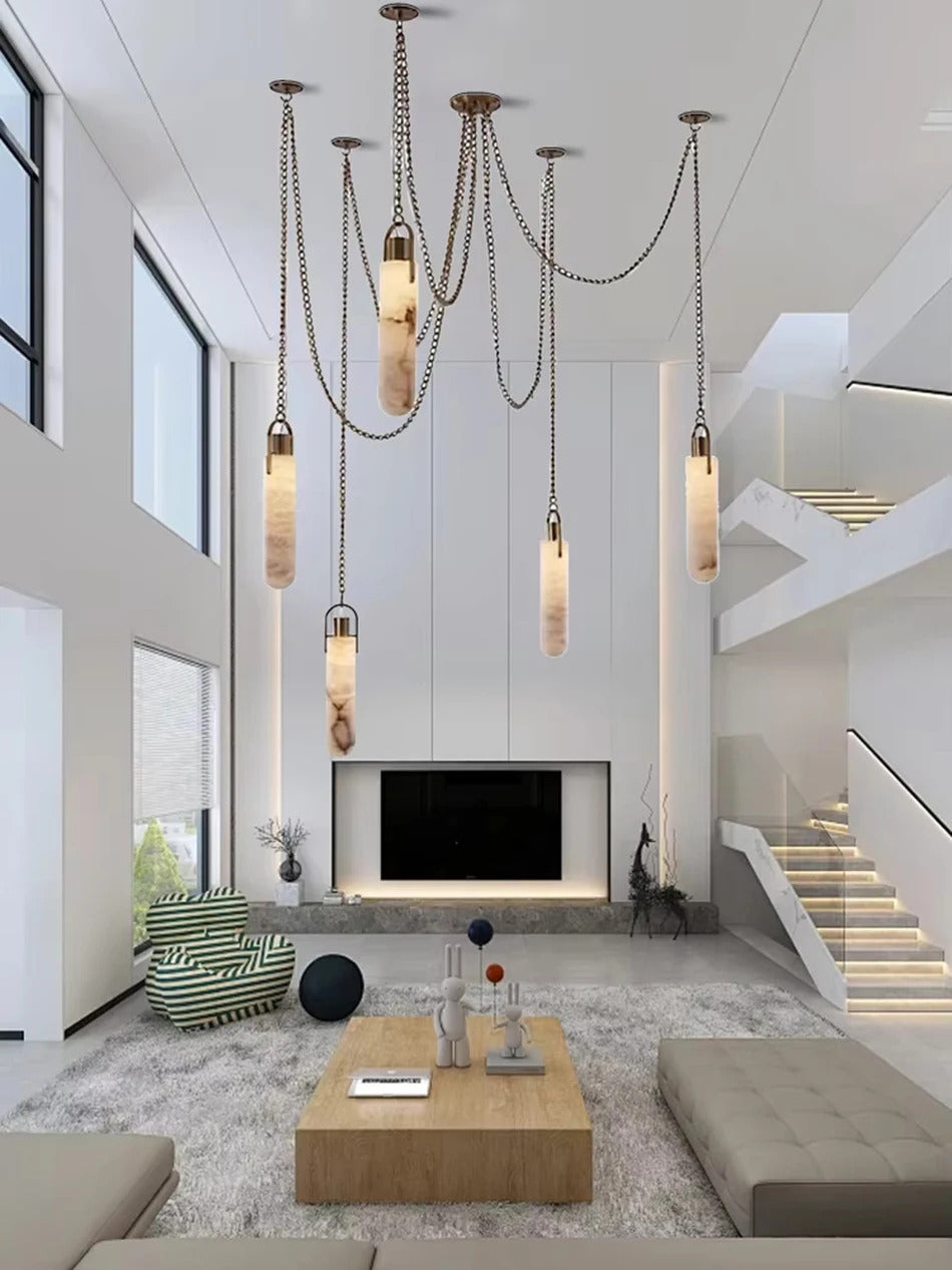 Marble Multi Light Pendant Chandelier Brass Alabaster Ceiling Chandelier Desigener For Living Dining Room Loft Staircase