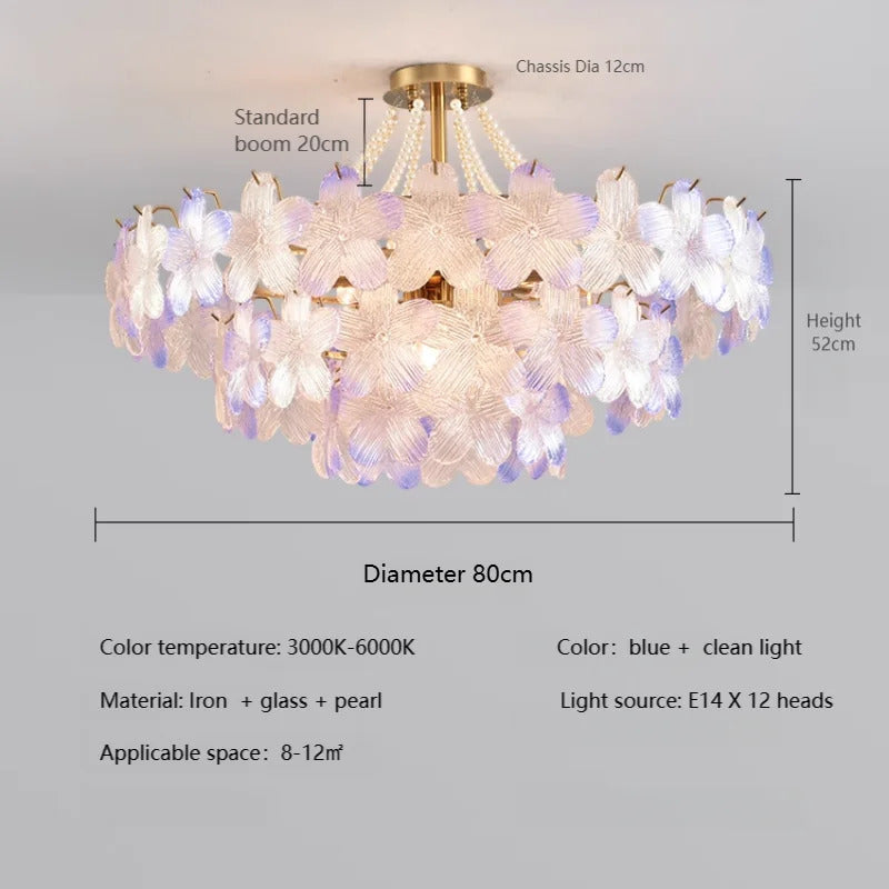 French Flower Crystal Chandelier Lamp Luxury Pink Glass Cream Petal Pendant Lights Living Room Bedroom Dining Room lighting