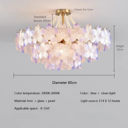 French Flower Crystal Chandelier Lamp Luxury Pink Glass Cream Petal Pendant Lights Living Room Bedroom Dining Room lighting