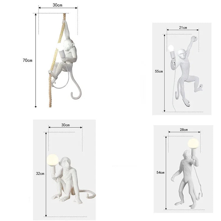 Art creative monkey Pendant lamp White black Resin animal hemp rope wall lamp