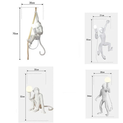 Art creative monkey Pendant lamp White black Resin animal hemp rope wall lamp