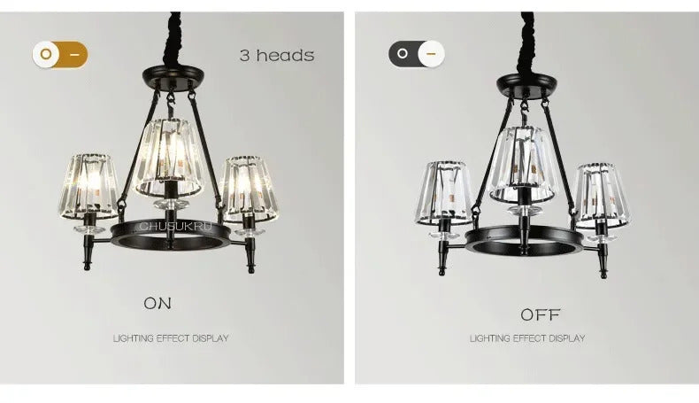 Retro Matte Black Round Metal Led Chandelier Lustre K9 Crystal Shades Pendant Lights Lighting Hanging Lamps Room Decor Fixtures