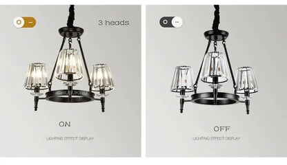 Retro Matte Black Round Metal Led Chandelier Lustre K9 Crystal Shades Pendant Lights Lighting Hanging Lamps Room Decor Fixtures