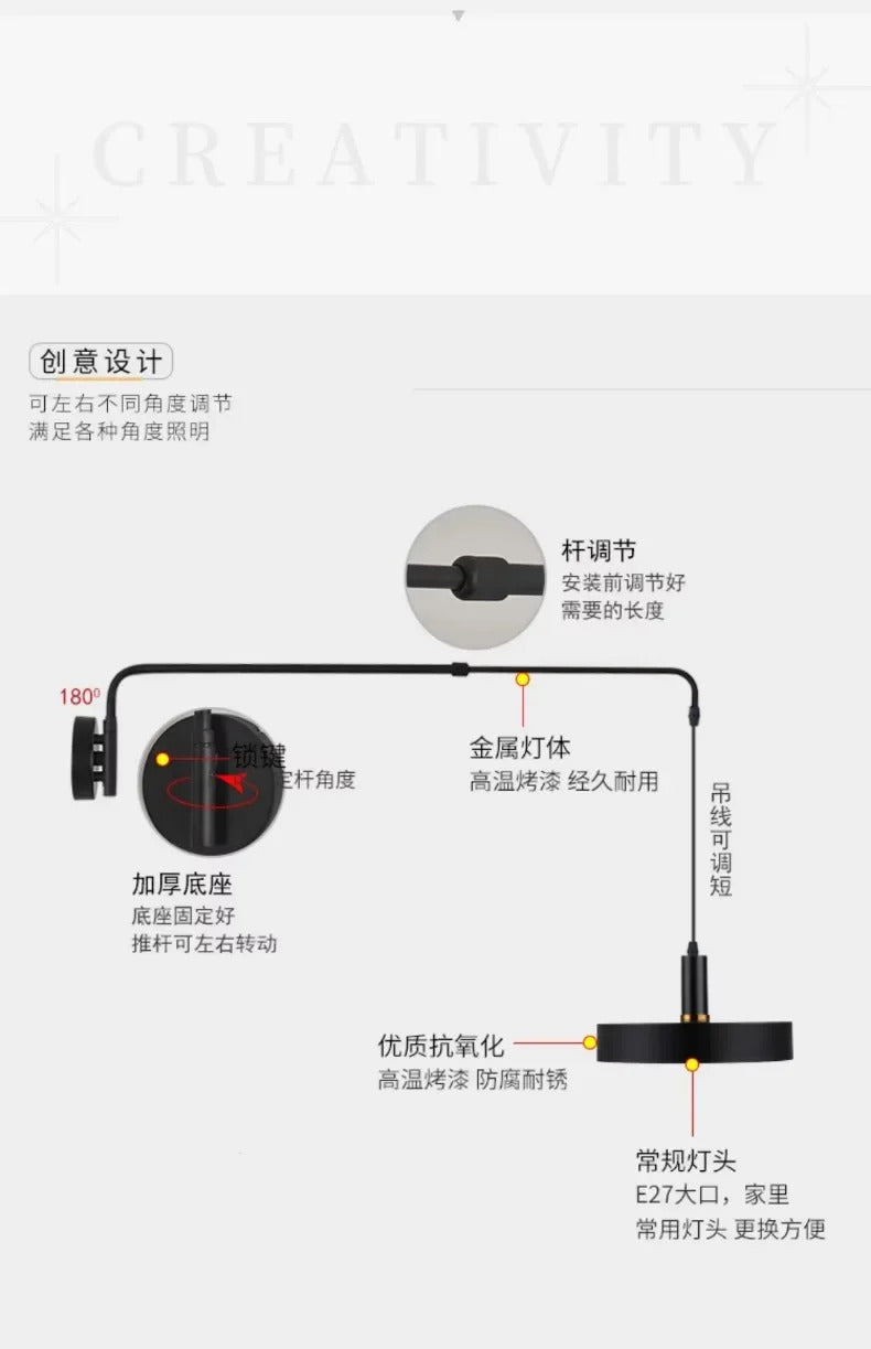 Nordic Swing Arm Black Wall Light Modern corner living room long Adjustable Wall lamp