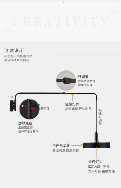 Nordic Swing Arm Black Wall Light Modern corner living room long Adjustable Wall lamp