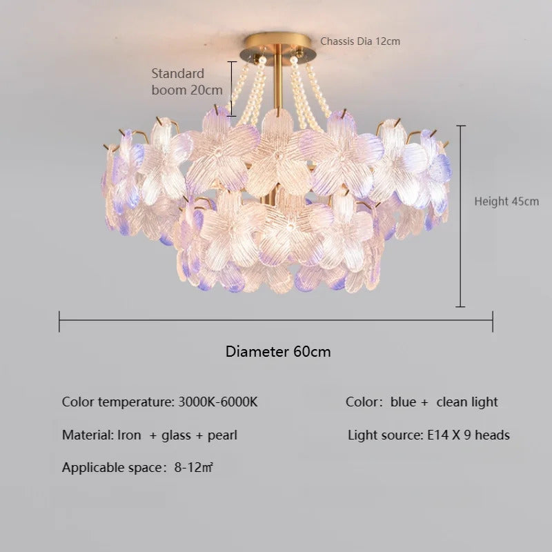 French Flower Crystal Chandelier Lamp Luxury Pink Glass Cream Petal Pendant Lights Living Room Bedroom Dining Room lighting