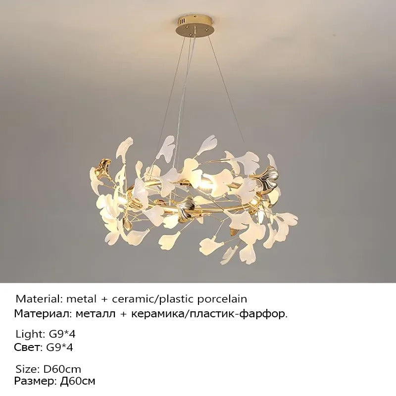 Luxury Ceramic Ginkgo Leaf Chandelier Gold Branches Chandelier