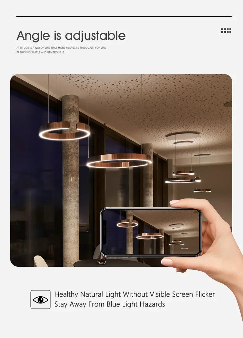 Moderno candeeiro suspenso LED em formato de anel, com intensidade regulável, nas cores dourado e preto, ideal para mesas, salas de jantar, cozinhas e quartos. Design minimalista e elegante. 