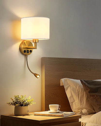 Bedside Wall Lamp LED Fabric Lampshade With 3W 360° Rotation Spotlight Reading lights