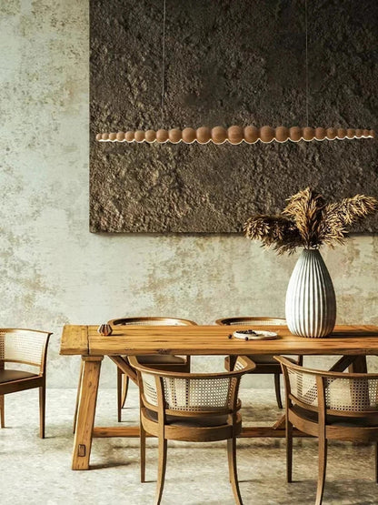 Wooden Beads Long Linear LED Pendant Lights Wabi Sabi wood walnut wood Hanging chandeliers