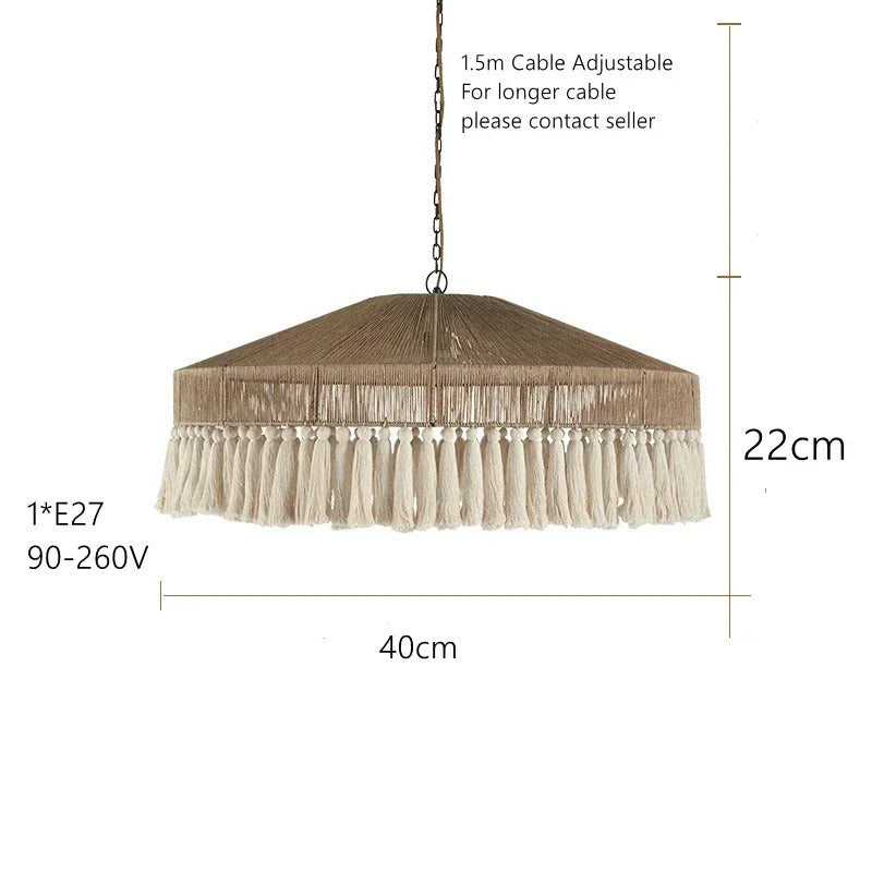 Wabi Sabi Style Retro Living Room Hemp Rope Pendant Light Bohemian Tassel Pendant Lamp